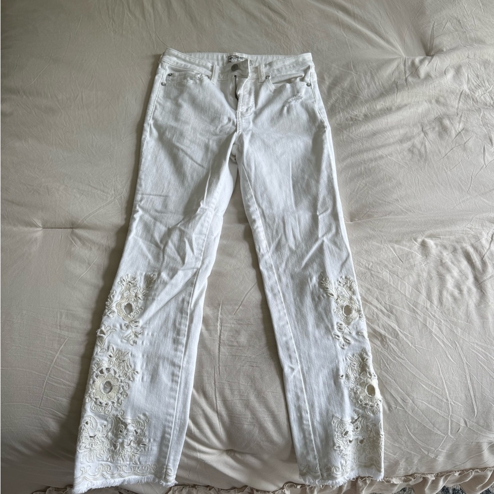 Free People White Embroidered Jeans